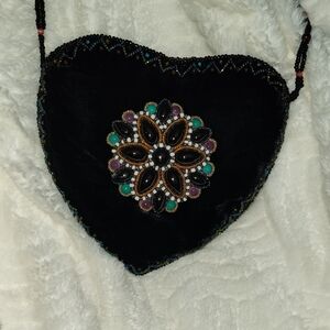 Unique Heart-Shaped Black Beaded Bag with Colorful Embellishment